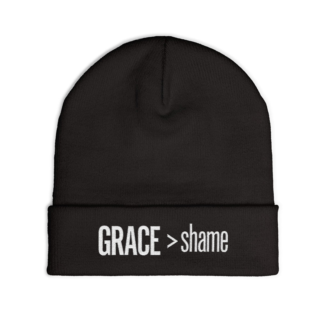 Embroidered 'Grace > Shame' Knit Beanie – Winter Hat
