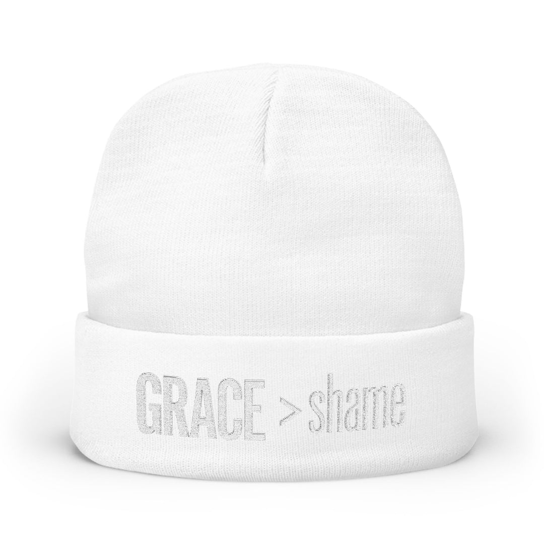 Embroidered 'Grace > Shame' Knit Beanie – Winter Hat
