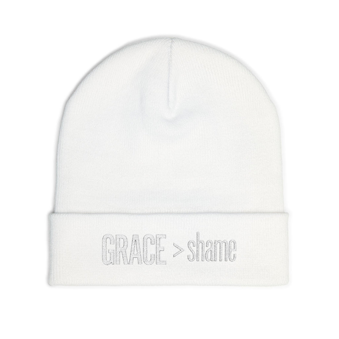 Embroidered 'Grace > Shame' Knit Beanie – Winter Hat