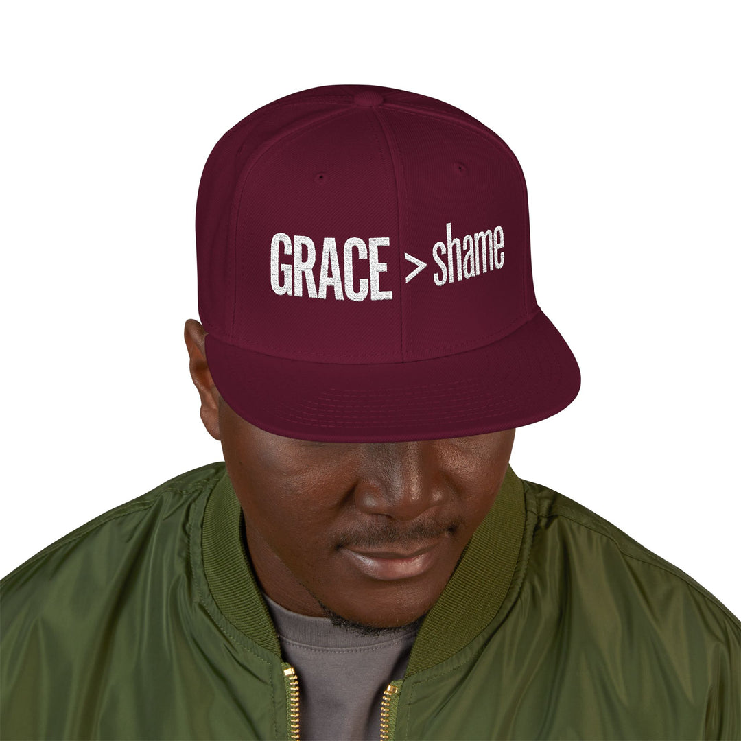 Embroidered 'Grace > Shame' Snapback Flat Bill Hat
