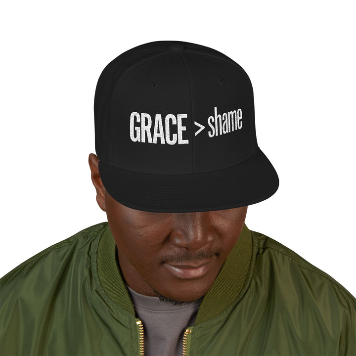 Embroidered 'Grace > Shame' Snapback Flat Bill Hat