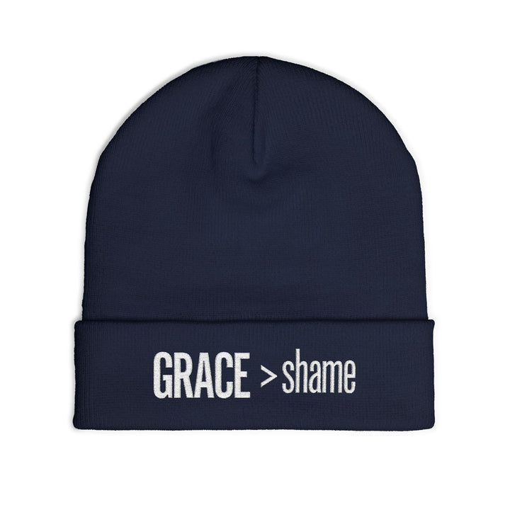 Embroidered 'Grace > Shame' Knit Beanie – Winter Hat