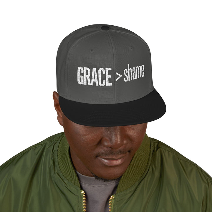 Embroidered 'Grace > Shame' Snapback Flat Bill Hat