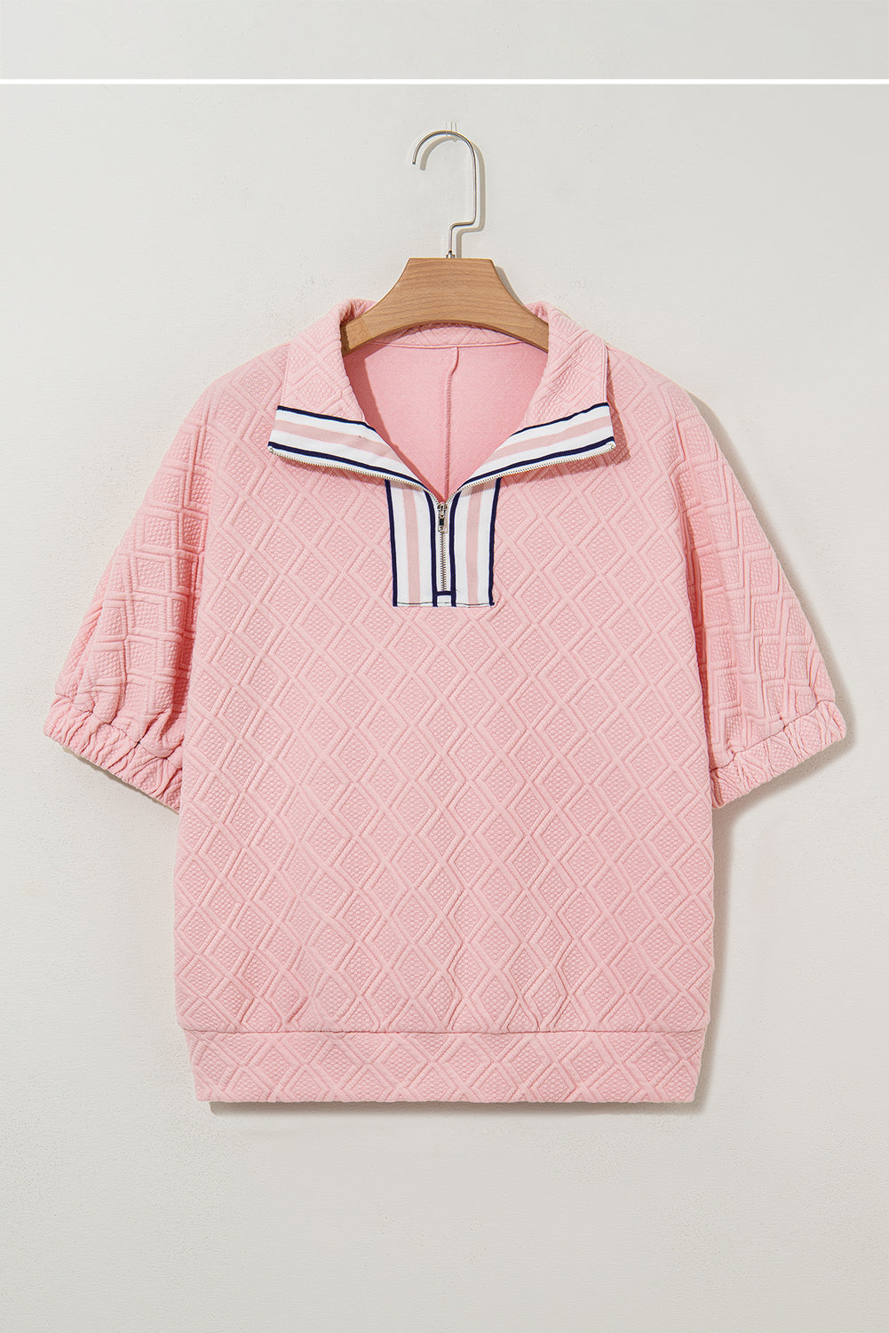 Light Pink Puff Sleeve Zipper Pop of Color Neckline Blouse
