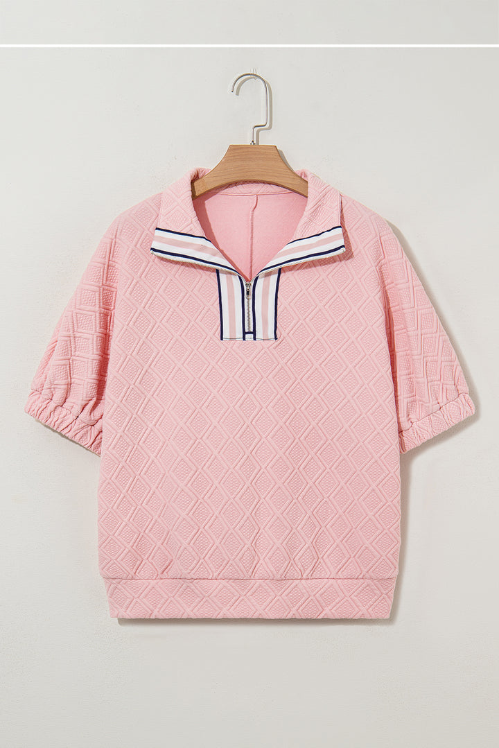 Light Pink Puff Sleeve Zipper Pop of Color Neckline Blouse