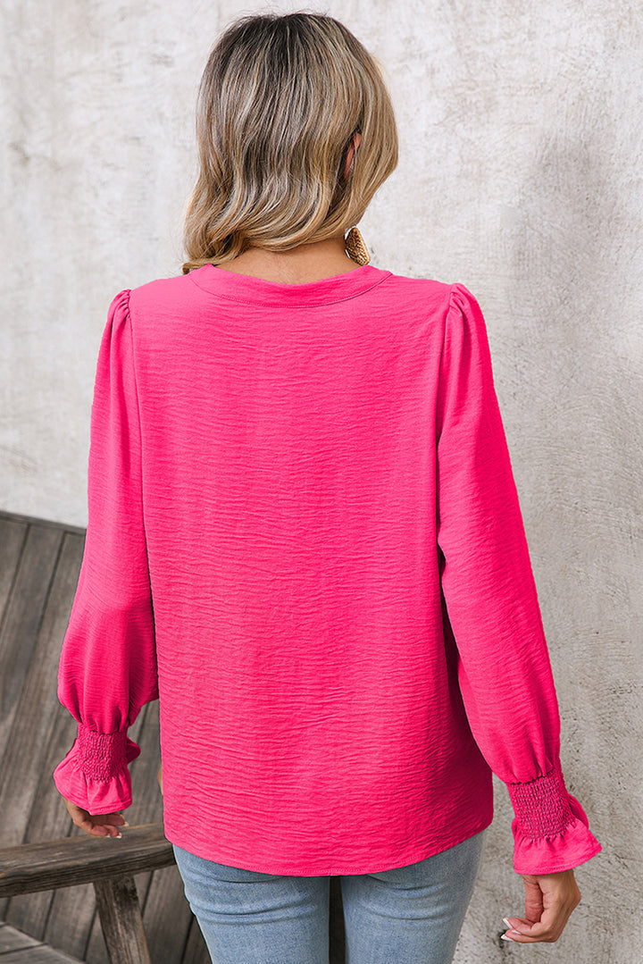 Rose Red Solid Shirred Cuff Notch V Neck Blouse