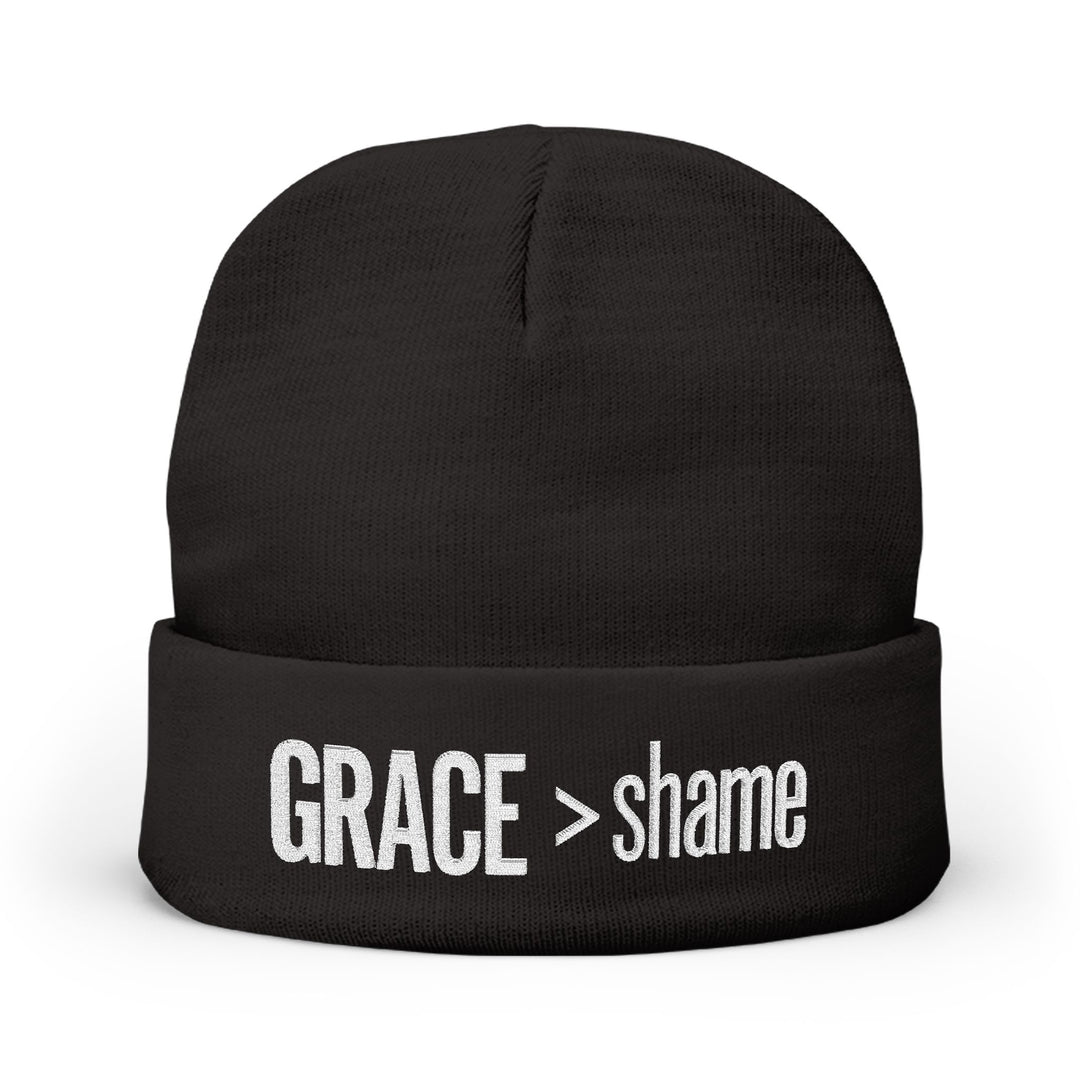 Embroidered 'Grace > Shame' Knit Beanie – Winter Hat