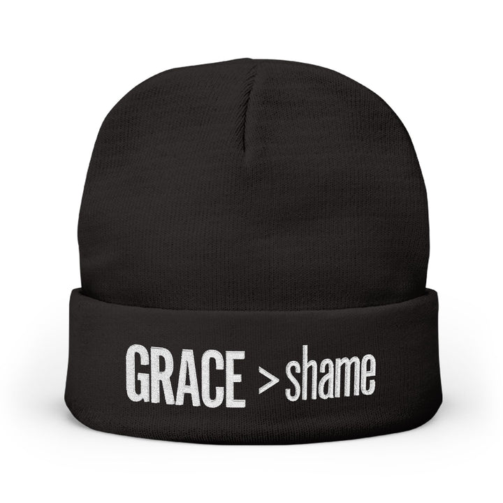 Embroidered 'Grace > Shame' Knit Beanie – Winter Hat