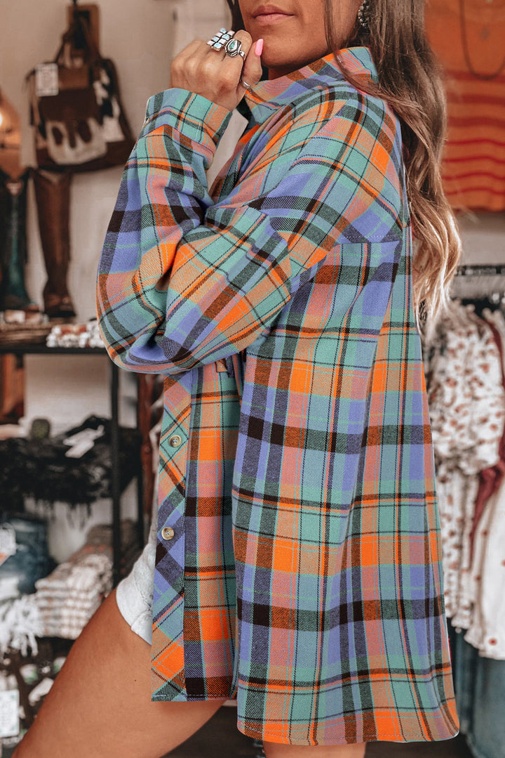Orange Plaid Print Pocket Loose Shirt