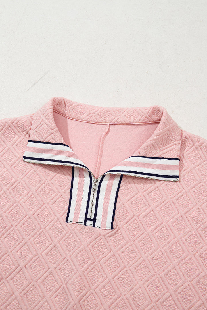 Light Pink Puff Sleeve Zipper Pop of Color Neckline Blouse