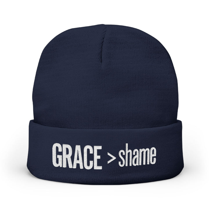Embroidered 'Grace > Shame' Knit Beanie – Winter Hat