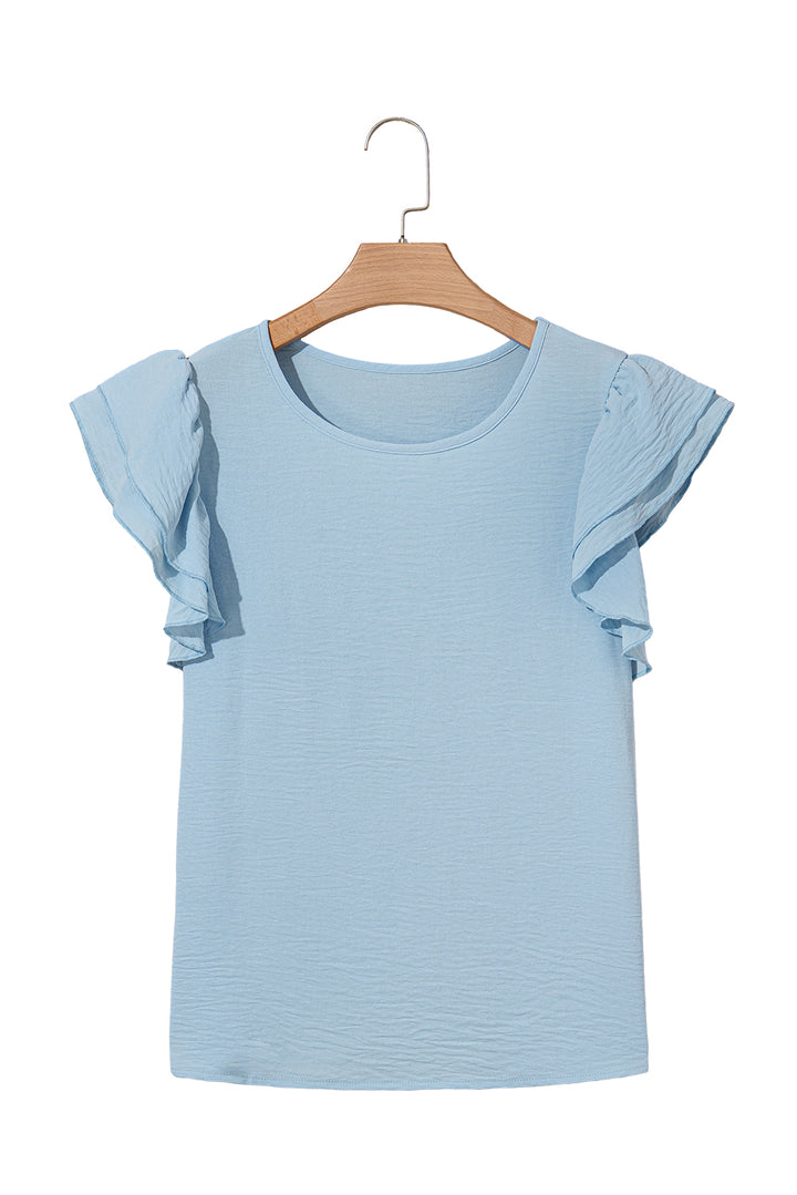 Mist Blue Solid Color Ruffle Sleeve Crinkled Blouse