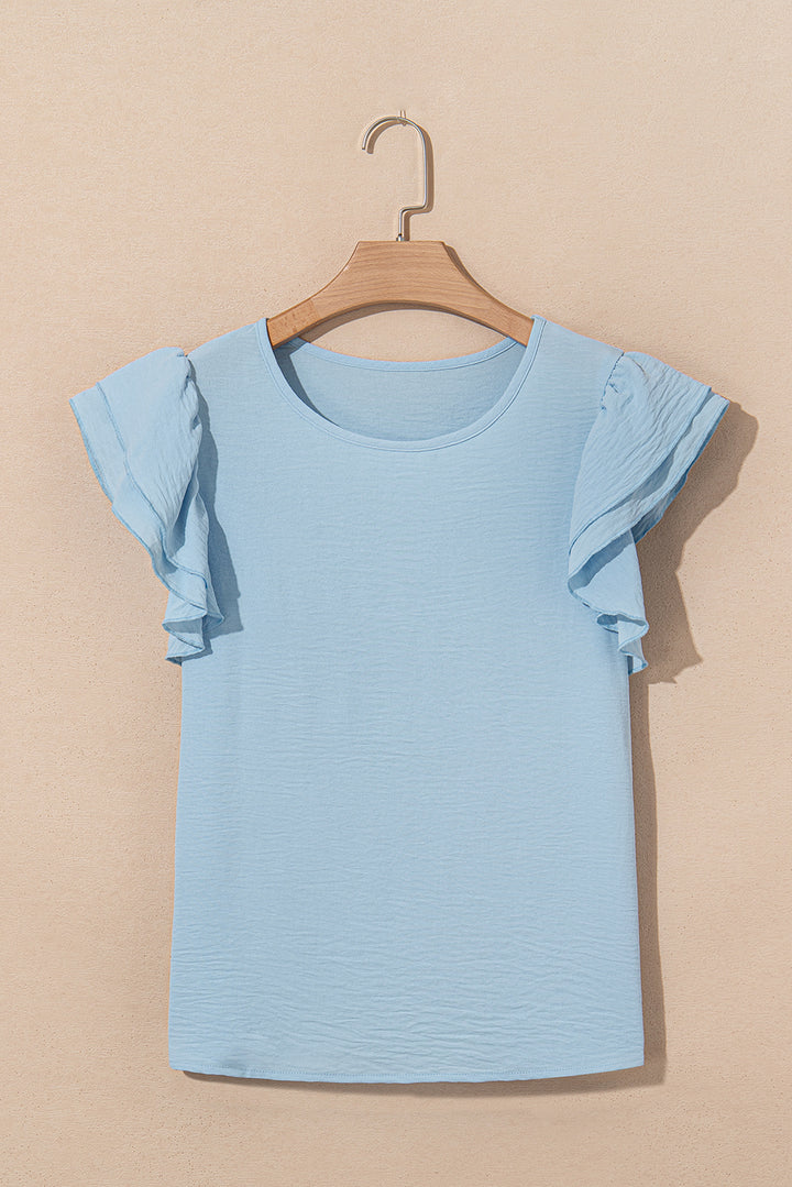 Mist Blue Solid Color Ruffle Sleeve Crinkled Blouse