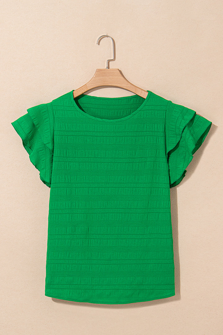 Dark Green Ruffle Sleeve Textured Smocked Blouse