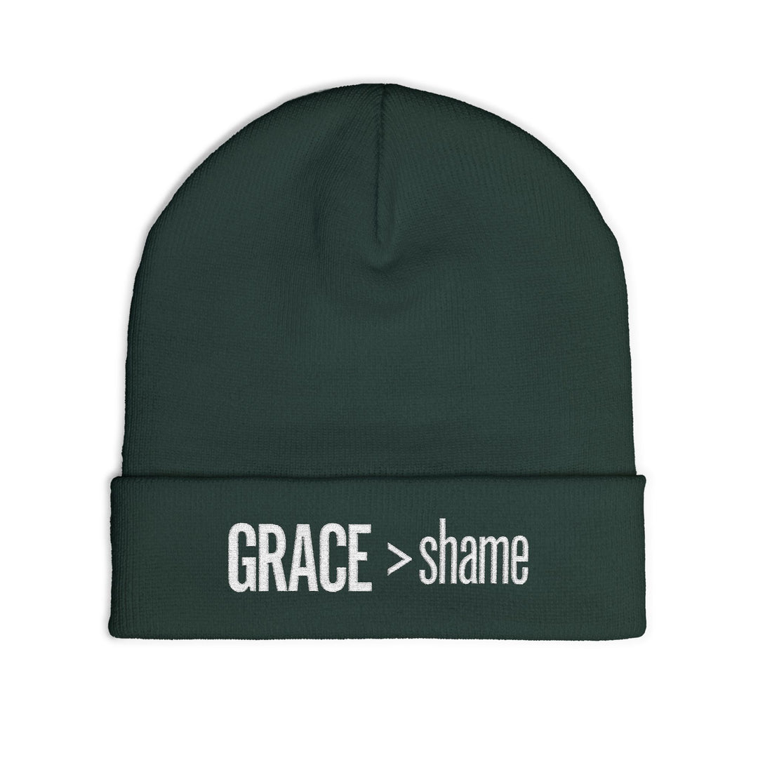 Embroidered 'Grace > Shame' Knit Beanie – Winter Hat