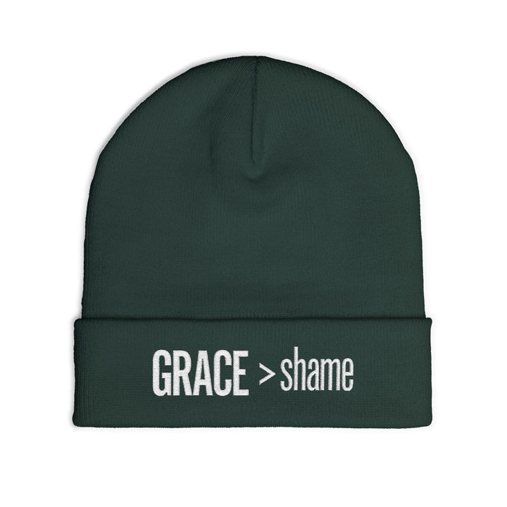 Embroidered 'Grace > Shame' Knit Beanie – Winter Hat