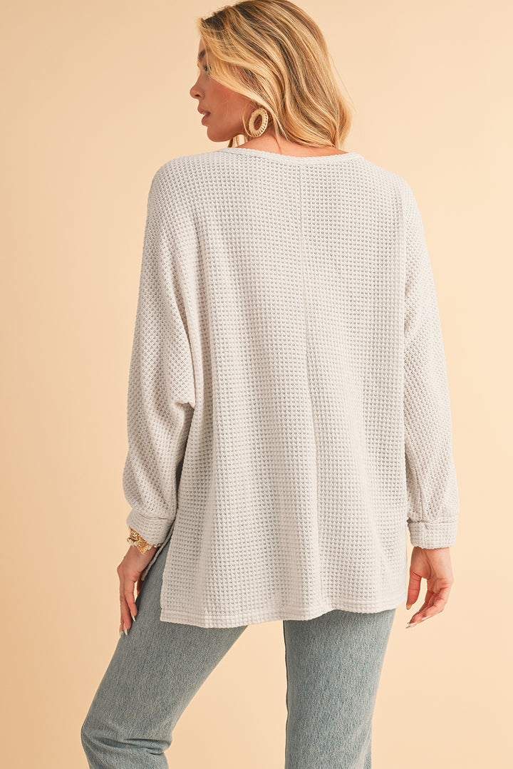 White Waffle Knit Side Slits Loose Fit V Neck Top