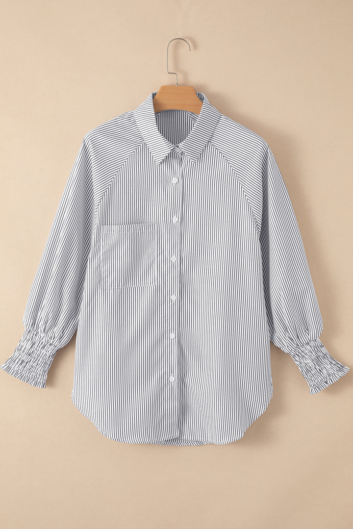 Black Striped Casual Shirred Cuffs Shirt